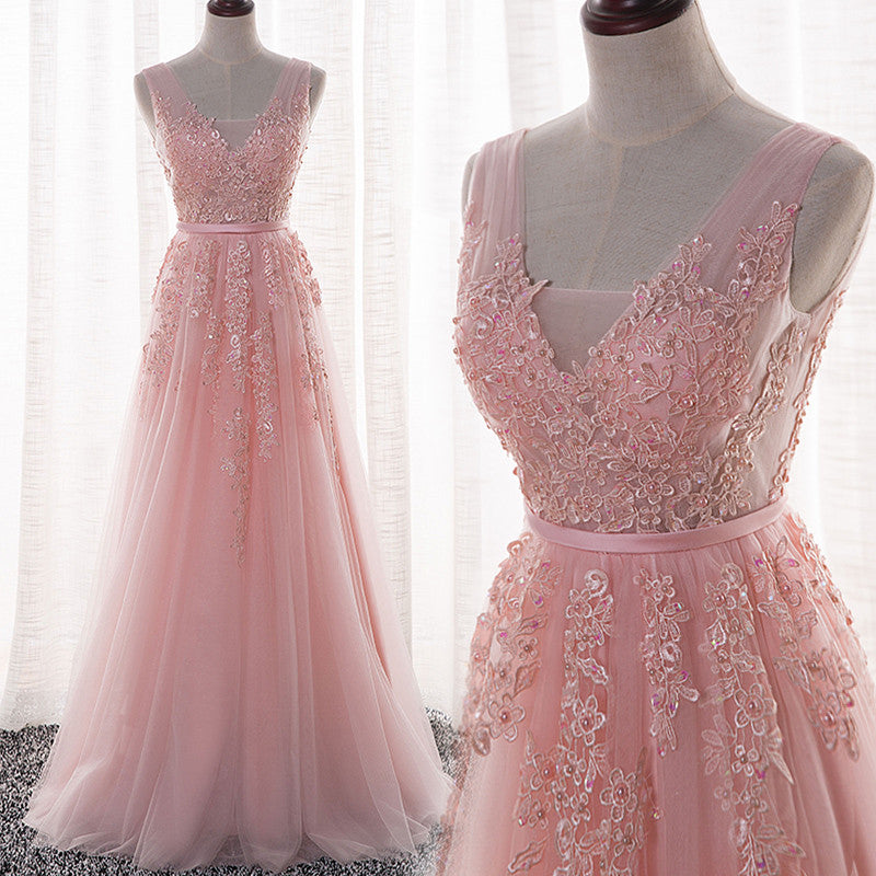 Pink Tulle and Appliques Long Prom Dresses, Pink Tulle Party Dresses, Bridesmaid Dresses