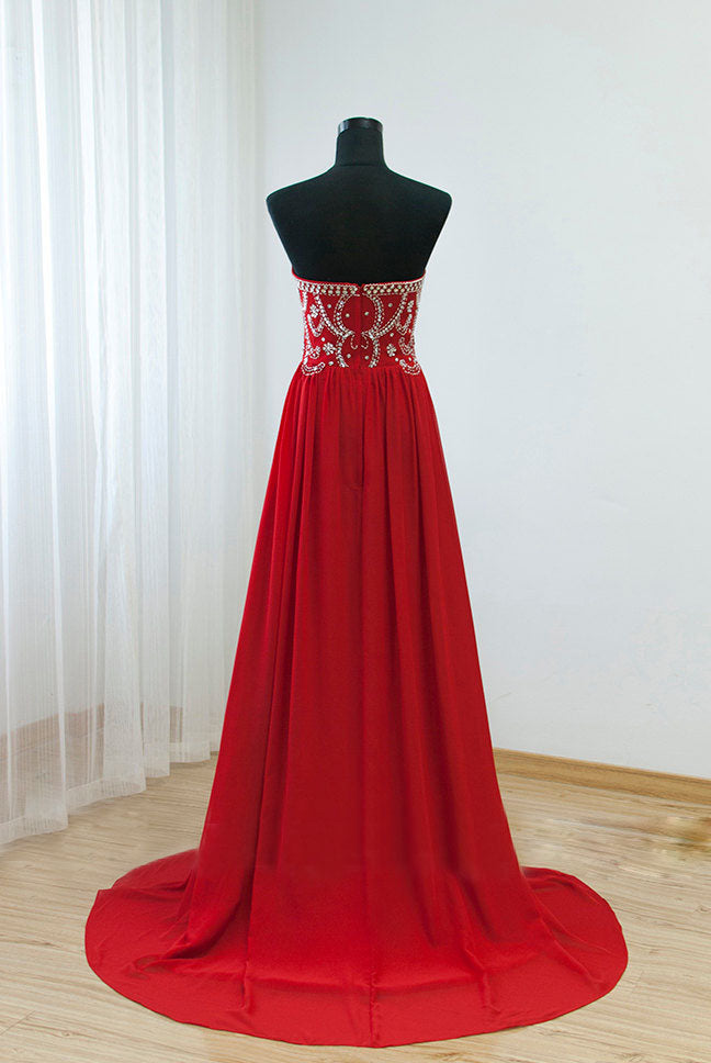 Beautiful Red Beaded Sweetheart Floor Length Prom Dress , Chiffon Long Party Dress