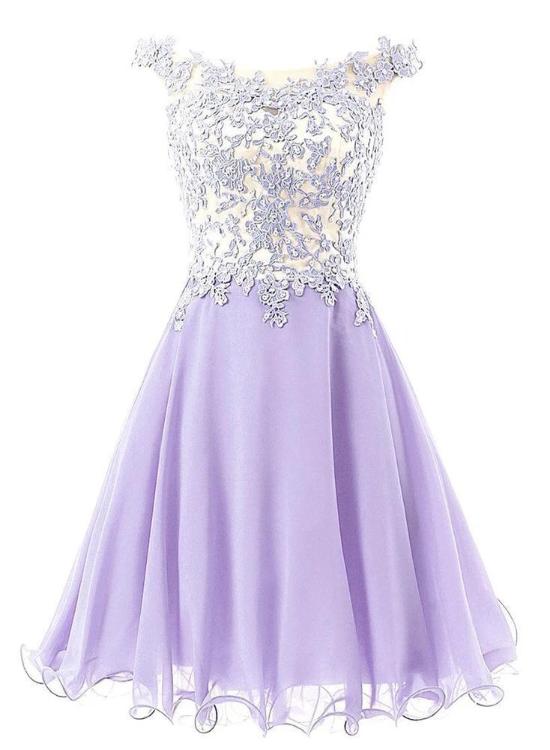 Short Chiffon and Lace Applique Party Dress, Lavender Short Prom Dresses