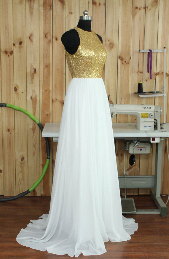 Sequins and White Chiffon Bridesmaid Dresses, Long Bridesmaid Dresses, Sequins Formal Dress