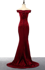 Red Satin Mermaid Long Evening Party Dress, Off Shoulder Women Formal Gowns, Prom Dress