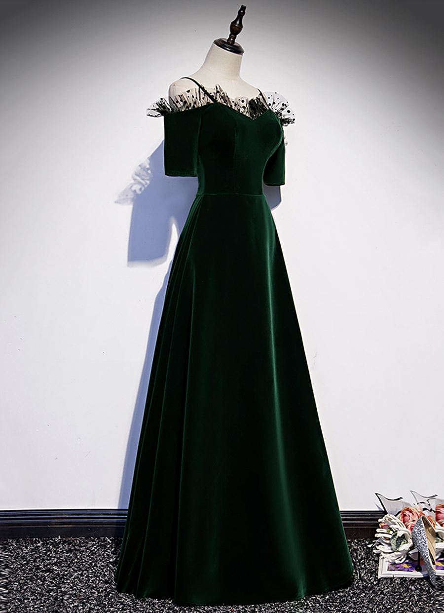 A-line Green Velvet Spaghetti Straps Prom Dress, Green Wedding Party Dress