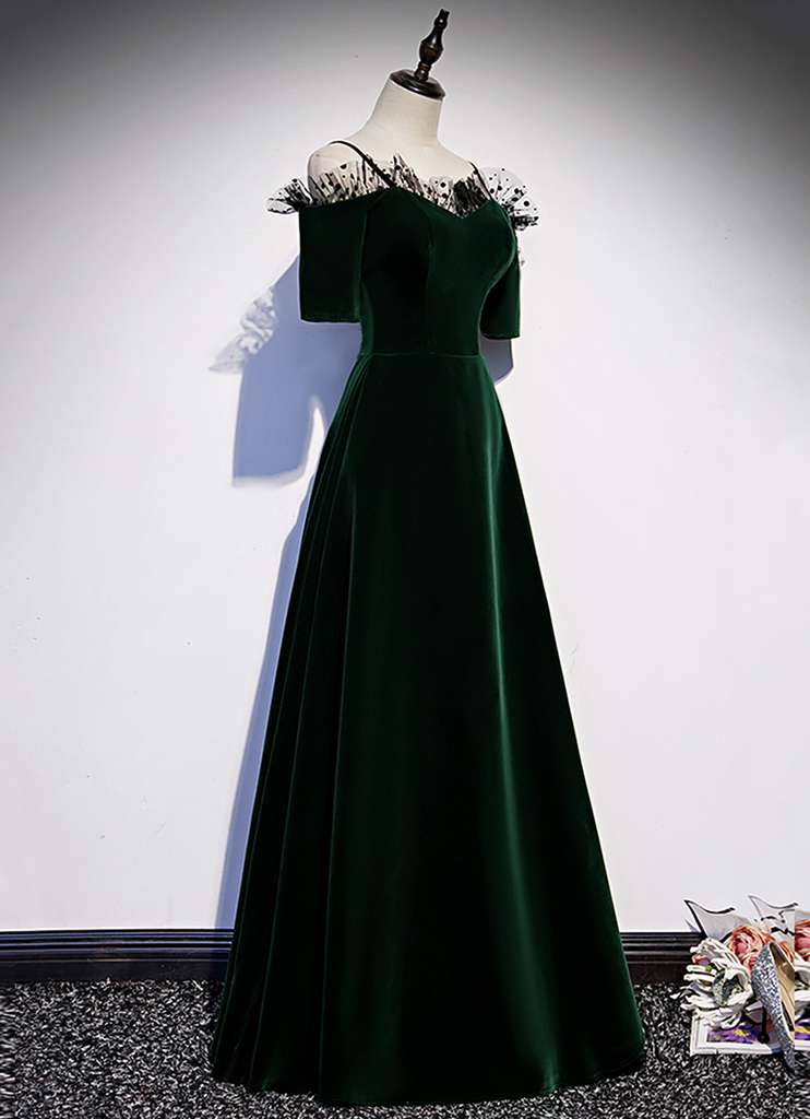 Green Straps Velvet Long Lace Classy Prom Dress main image 0