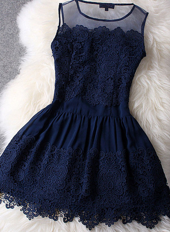 Gorgeous Navy Blue Lace Dresses, Hollow Out Homecoming Dresses for Teen