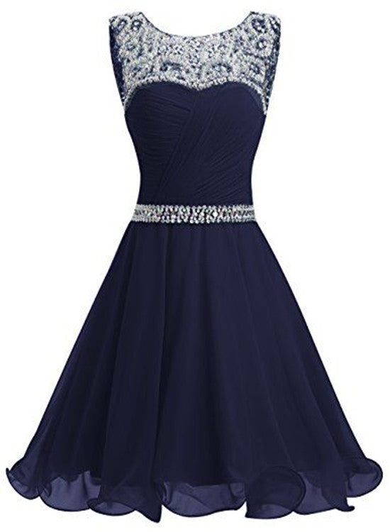 Beautiful Navy Blue Chiffon and Sequins Knee Length Formal Dress, Blue Homecoming Dress