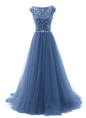 Beautiful Blue Round Neckline Beaded A-line Party Dresses, Long Formal Gowns