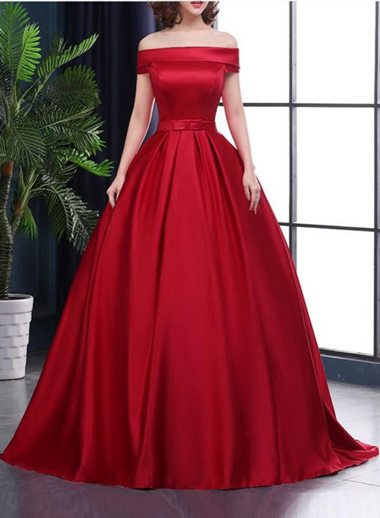 Red Satin Gorgeous Off Shoulder Long Formal Gown, Beautiful Party Dresses