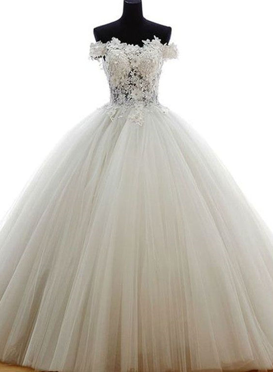 White Tulle and Lace Applique Off Shoulder Wedding Gown, Beautiful Sweet 16 Dresses
