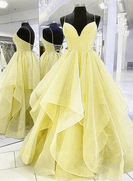 Light Yellow Tulle Straps Long Prom Gown, Lace-up Tulle Evening Dresses