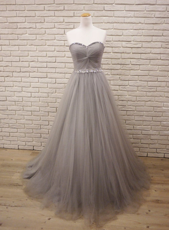 Grey Sweetheart Simple Pretty Tulle Gown, Beaded Long Ball Gown, Junior Prom Dress