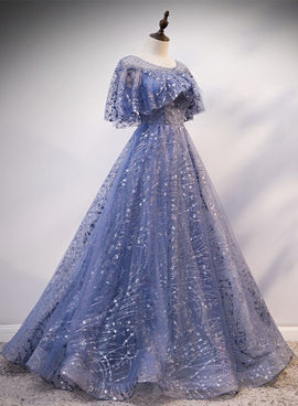 Blue Elegant A-line Long Prom Dress, Blue Evening Gown Graduation Dress