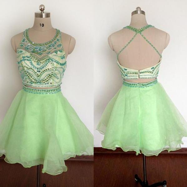 Green Organza Beaded Two Piece Homecoming Dresses, Cute Halter Prom Dresses