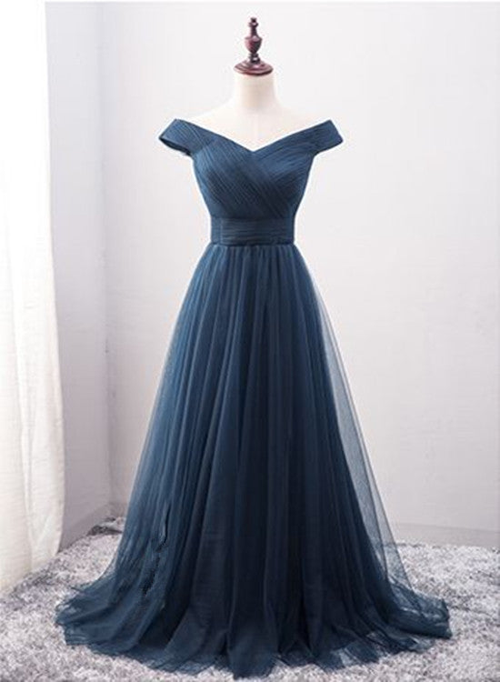 Navy Blue Prom Dress , Junior Prom Dress, Off Shoulder Party Gowns