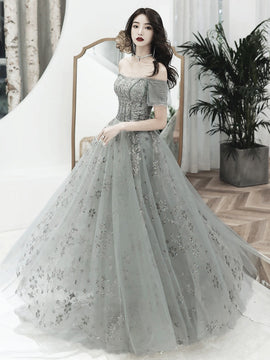 Grey Off Shoulder A-line Tulle with Lace Long Party Dress, Grey Evening Dresses Prom Dress