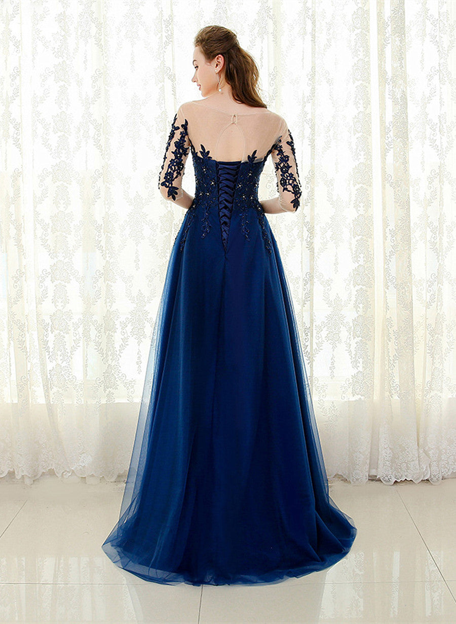 blue party dress Navy Blue Tulle A-line Party Dress with Lace Applique, Blue Formal Dre – Cutedressy