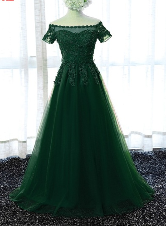 Beautiful Dark Green Short Sleeves Floor Length Party Dress , Prom Dress
