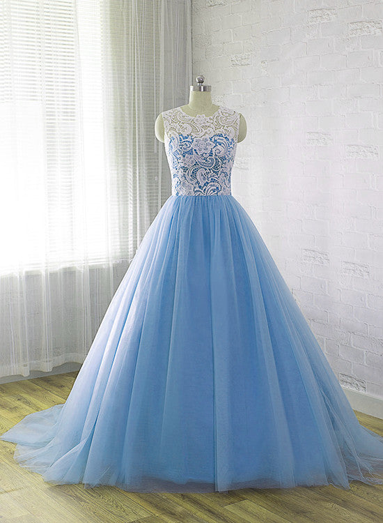 Blue Tulle Long Lace Prom Dress, Charming Ball Gown Party Gowns, Prom Dress