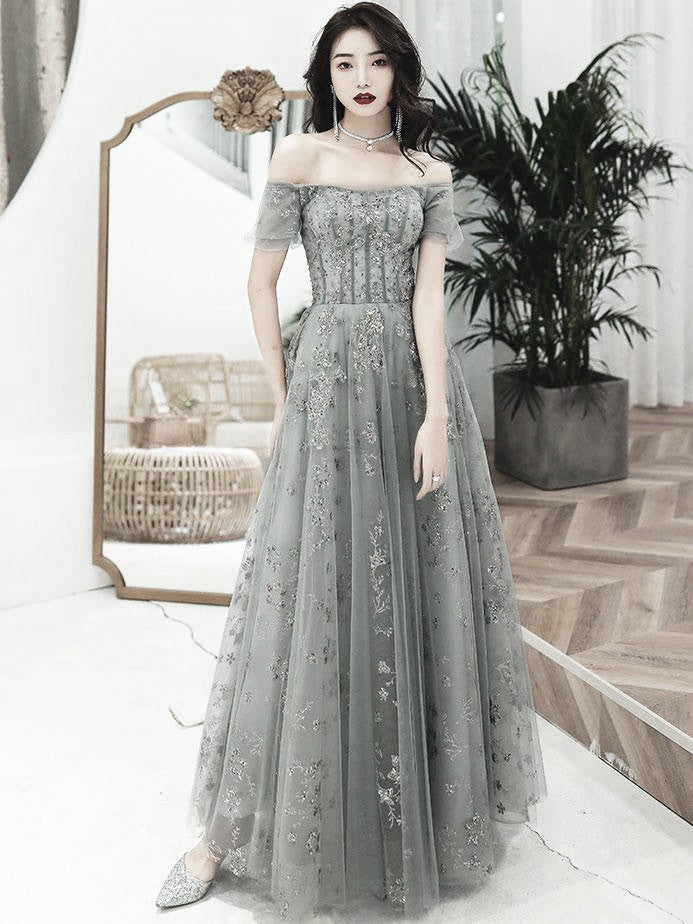 Grey Off Shoulder A-line Tulle with Lace Long Party Dress, Grey Evening Dresses Prom Dress