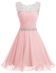 Pink Chiffon Crystal Homecoming Dress, Short Beaded Party Dress, Prom Dress
