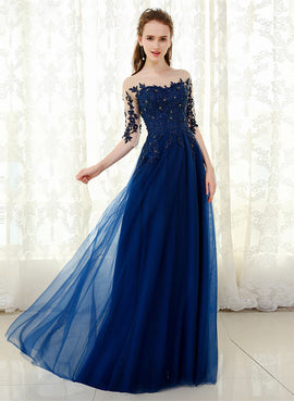 Navy Blue Tulle A-line Party Dress with Lace Applique, Blue Formal Dress Party Dress