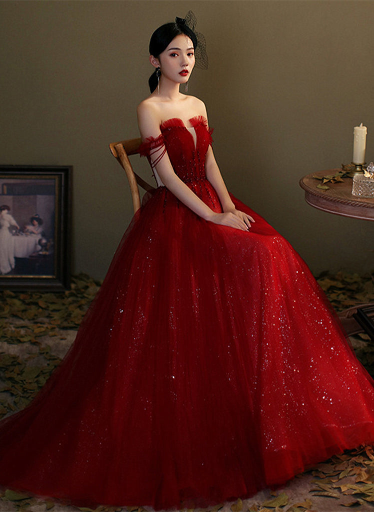 Red Sweetheart Tulle Layers Beaded Straps Prom Dress, Red Floor Length Party Dress