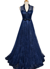 Navy Blue Lace V-neckline Open Back Evening Gown, Blue Floor Length Party Dress