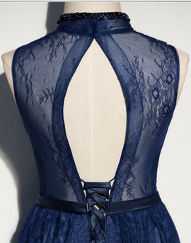 Navy Blue Lace V-neckline Open Back Evening Gown, Blue Floor Length Party Dress