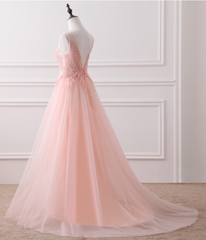 Pink Tulle Round Lace Applique Long Formal Dress, Pink Tulle Junior Prom Dress Party Dress