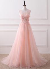 Pink Tulle Round Lace Applique Long Formal Dress, Pink Tulle Junior Prom Dress Party Dress