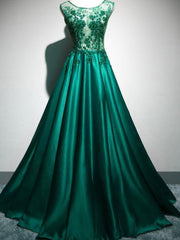 Green Satin Elegant with Lace Top Long Evening Party Dress, Green Prom Dress