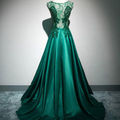 Green Satin Elegant with Lace Top Long Evening Party Dress, Green Prom Dress