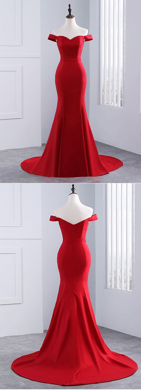 Red Off The Shoulder Sweetheart Mermaid Long Prom Dress With Sweep Train, Red Evening Dress