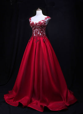Gorgeous Dark Red Satin Long Cap Sleeves Formal Dress, Prom Dress 2020
