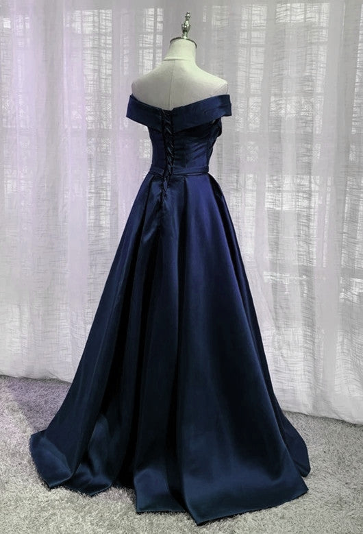 Navy Blue Satin Off Shoulder Floor Length Evening Dress Prom Dress, Bl Cutedressy Navy Blue Satin Off Shoulder Floor Length Evening Dress Prom Dress, Bl Cutedressy