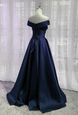 Navy Blue Satin Off Shoulder Floor Length Evening Dress Prom Dress, Blue Formal Dresses