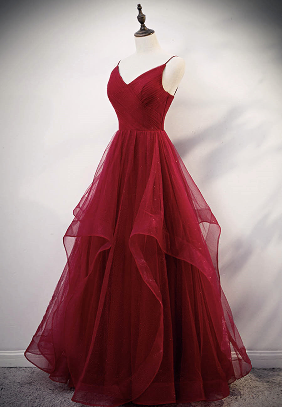 Beautiful Wine Red V-neckline Straps Long Tulle Party Dress, Long New Prom Dresses