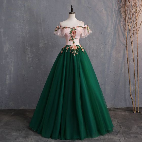 Green Puffy Tulle with Pink Floral Top Evening Dress Party Dress, Green Off Shoulder Prom Dress