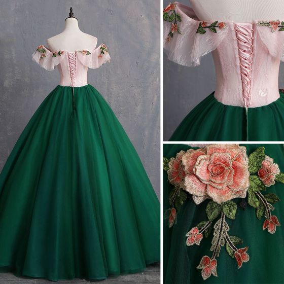 Green Puffy Tulle with Pink Floral Top Evening Dress Party Dress, Green Off Shoulder Prom Dress Green Puffy Tulle with Pink Floral Top Evening Dress Party Dress, Green Off Shoulder Prom Dress
