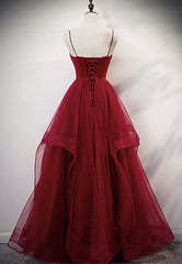 Beautiful Wine Red V-neckline Straps Long Tulle Party Dress, Long New Prom Dresses