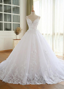 Beautiful White Tulle With Lace V-Neckline Wedding Dress, White Beautiful Prom Dress Party Dress