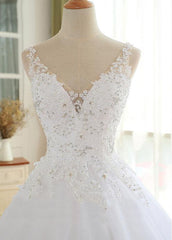 Beautiful White Tulle With Lace V-Neckline Wedding Dress, White Beautiful Prom Dress Party Dress
