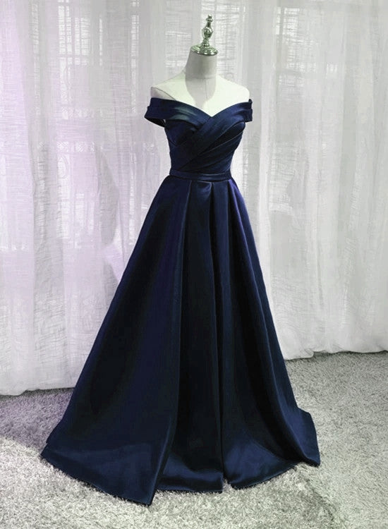 Navy Blue Satin Off Shoulder Floor Length Evening Dress Prom Dress, Blue Formal Dresses