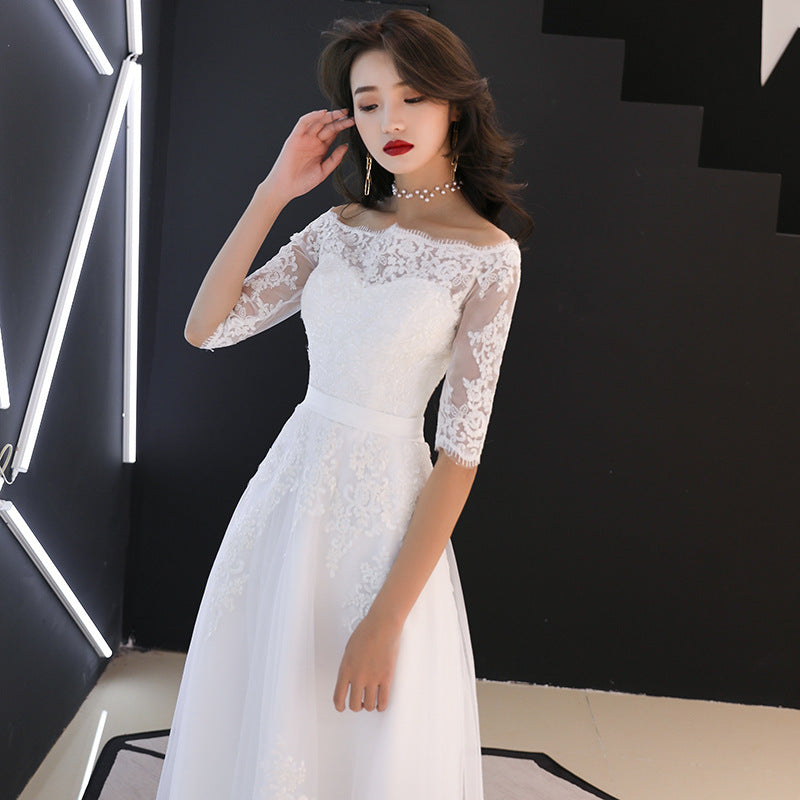 Cute Short White Lace Round Neck Half Sleeve See Through Tulle Wedding Dresses, WD0145 main image 1