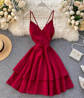 Cute Wine Red Short Low Back Women Dresses, Dark Red Summer Dresses