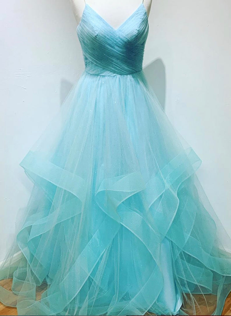 Light Blue V-neckline Straps Layers Long Party Dress, Light Blue Eveni