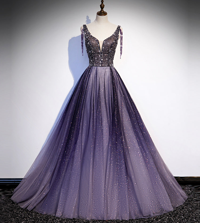 Charming Purple Gradient Tulle V-neckline Long Party Dress, A-line Pro ...
