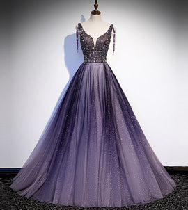 Charming Purple Gradient Tulle V-neckline Long Party Dress, A-line Prom Dress 2021