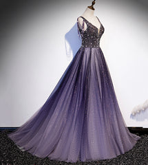 Charming Purple Gradient Tulle V-neckline Long Party Dress, A-line Prom Dress