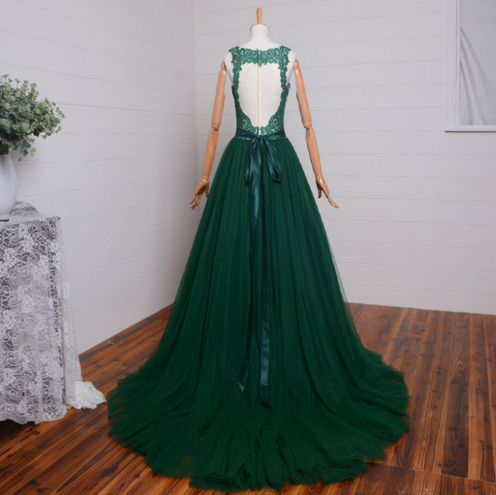 Dark Green Tulle with Lace Applique Long Prom Dress, A-line Evening Dress, Formal Dress
