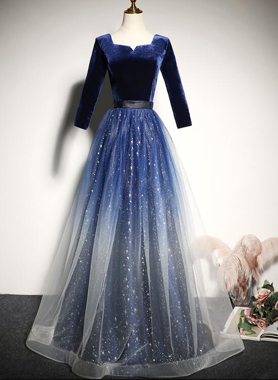 Blue Gradient Tulle with Velvet Long Sleeves Bridesmaid Dress, Long Prom Dress